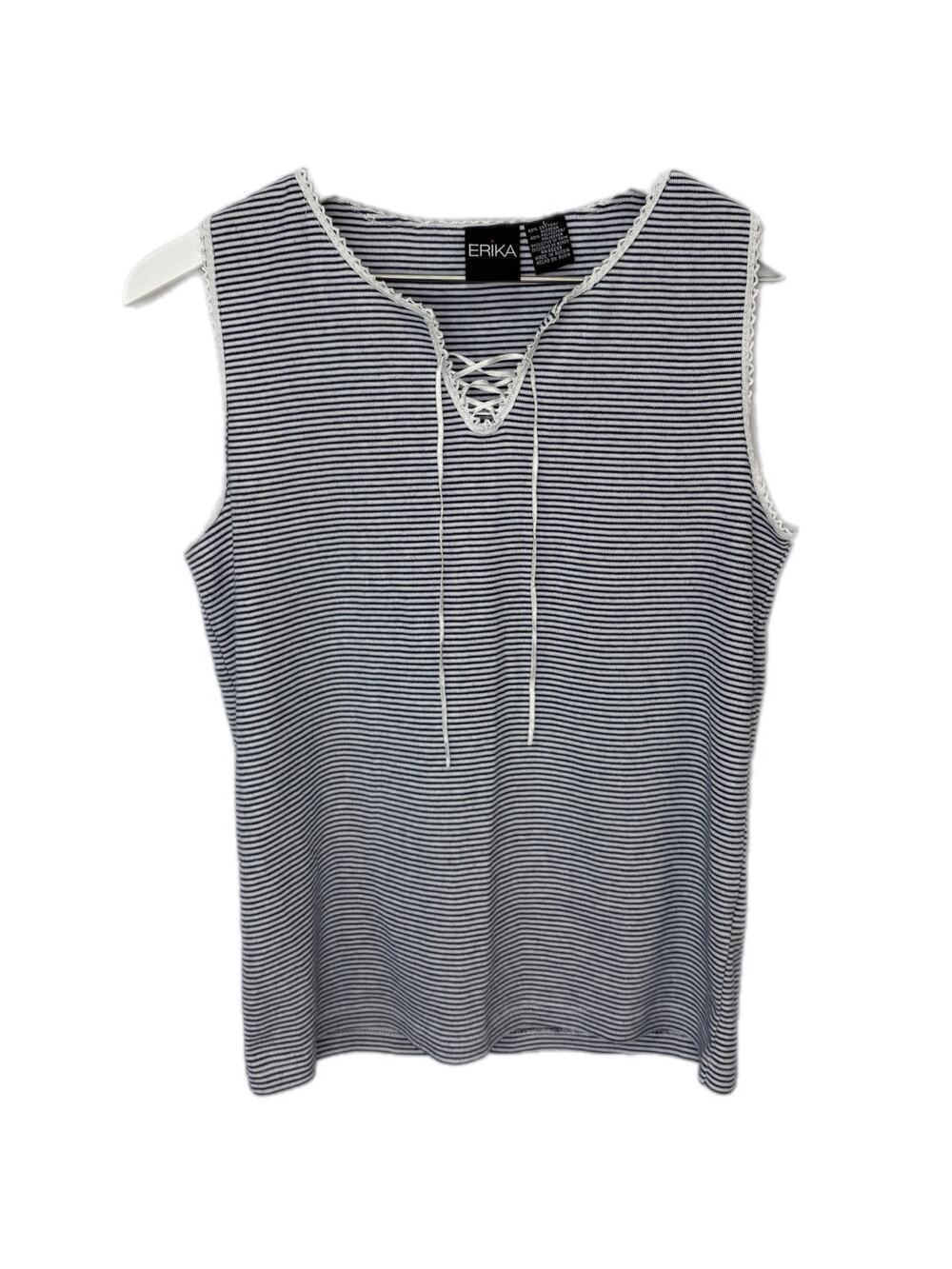 Navy Blue White Stripe Cute Laced V Neck Collar Tank Top - Women's L